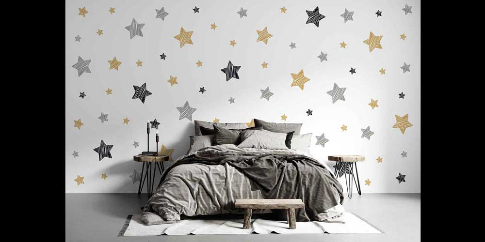 Altın ve Gri Yıldız Desenli Uzay Temalı Duvar Kağıdı 4334