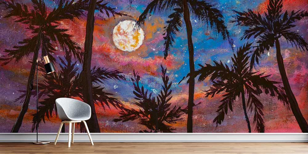 Ay Işığında Palmiye Siluetleri Tropikal Duvar Kağıdı 4404