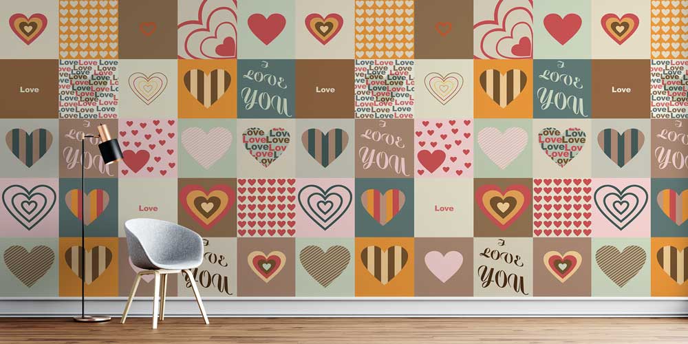Love Patchwork Kalp Desenli Duvar Kağıdı 4498