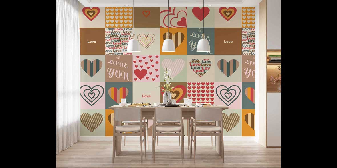 Love Patchwork Kalp Desenli Duvar Kağıdı 4498