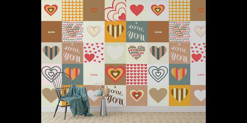 Love Patchwork Kalp Desenli Duvar Kağıdı 4498