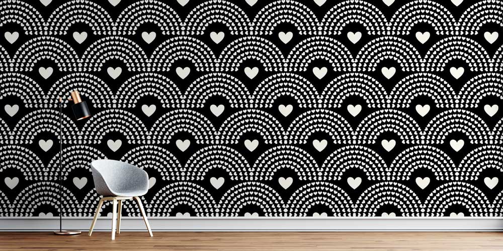 Siyah Zemin Kalp Desenli Duvar Kağıdı 4502