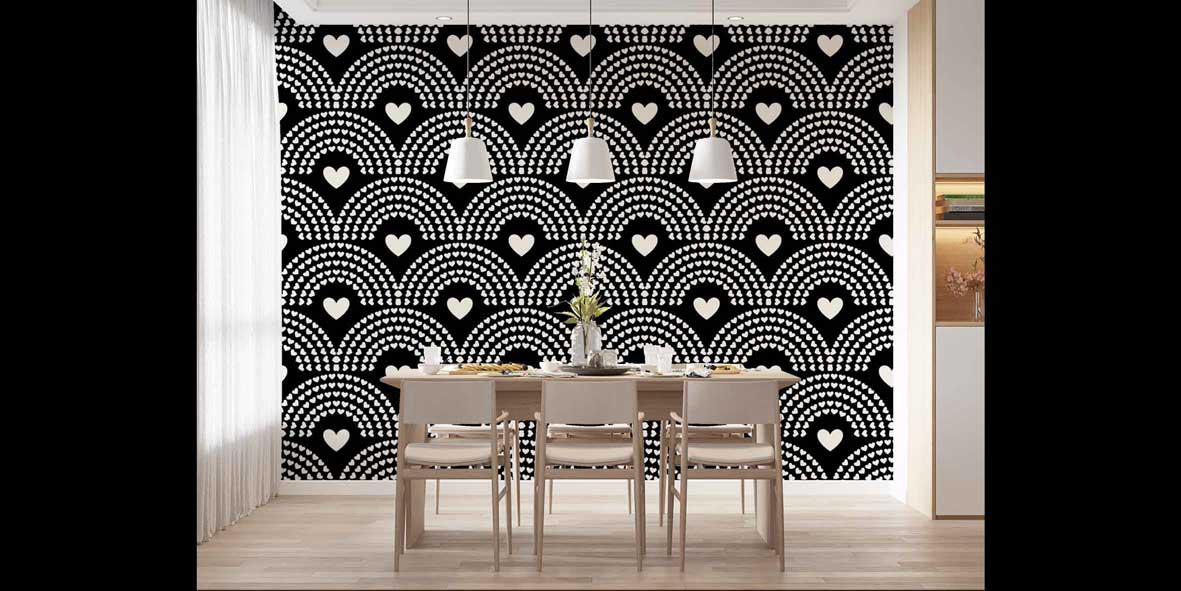 Siyah Zemin Kalp Desenli Duvar Kağıdı 4502
