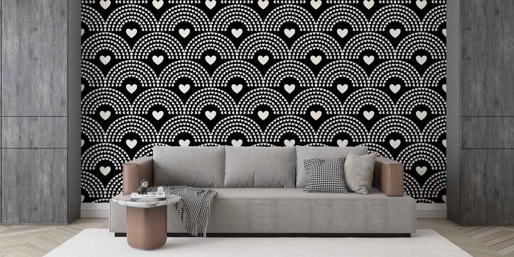 Siyah Zemin Kalp Desenli Duvar Kağıdı 4502