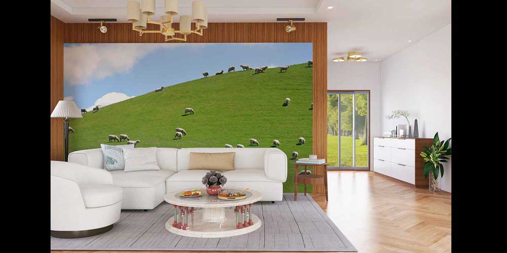 Yeşil Tepede Otlayan Koyunlar Pastoral Manzara Duvar Kağıdı 4712