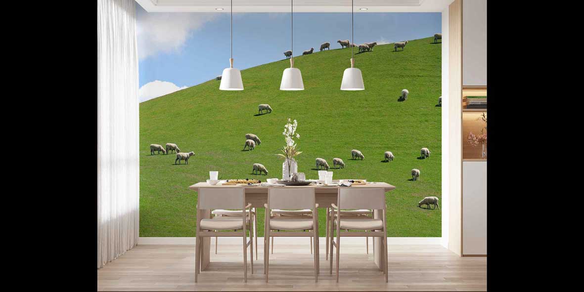 Yeşil Tepede Otlayan Koyunlar Pastoral Manzara Duvar Kağıdı 4712