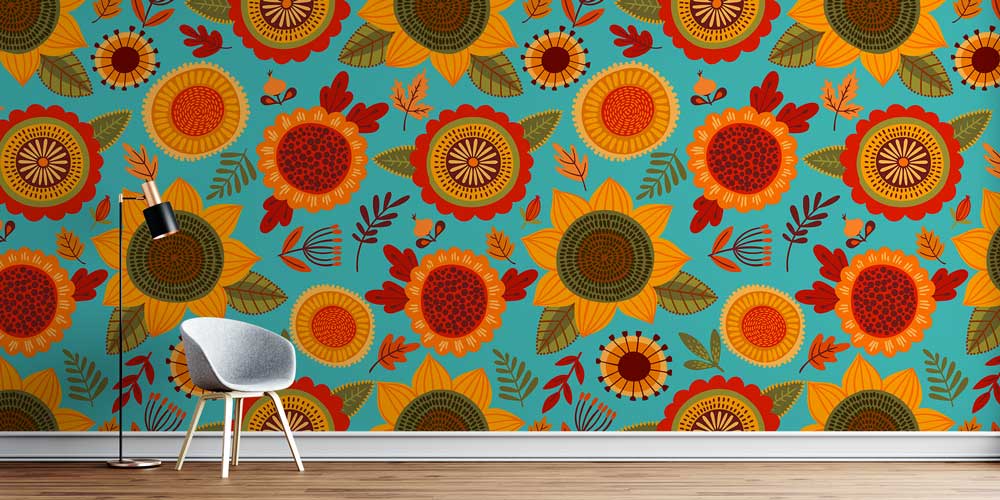 Renkli Ayçiçeği Desenli Modern Duvar Kağıdı 4716