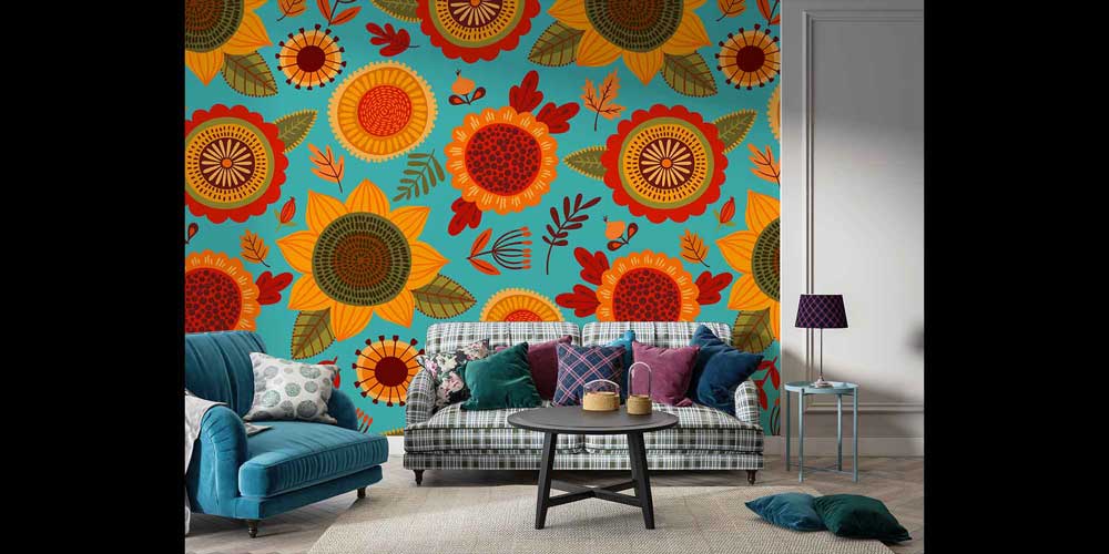 Renkli Ayçiçeği Desenli Modern Duvar Kağıdı 4716