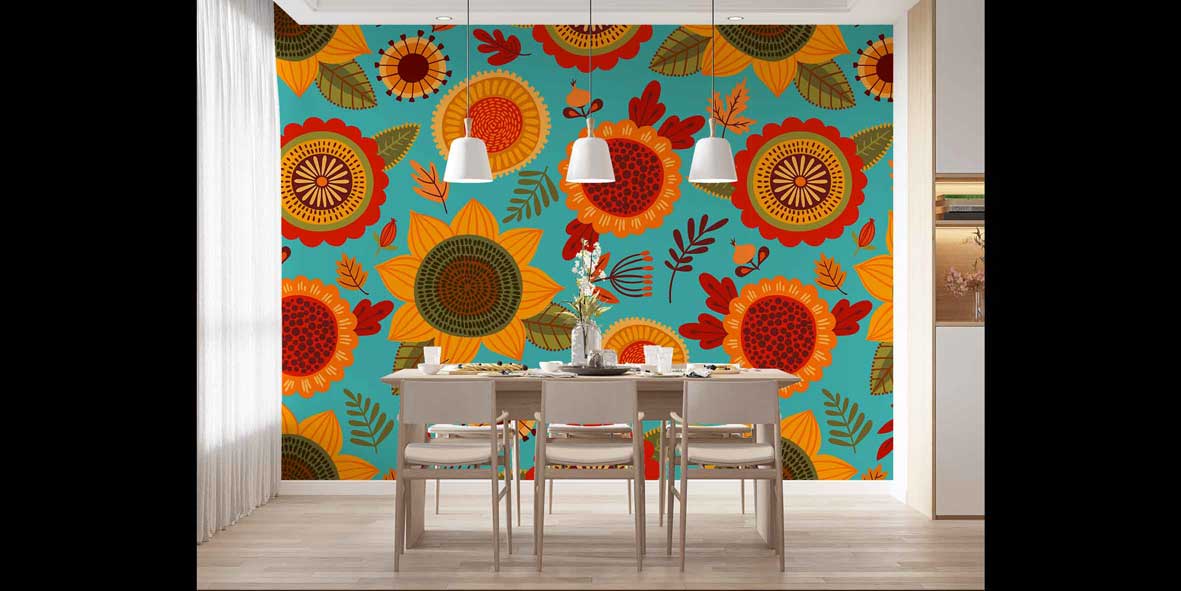 Renkli Ayçiçeği Desenli Modern Duvar Kağıdı 4716