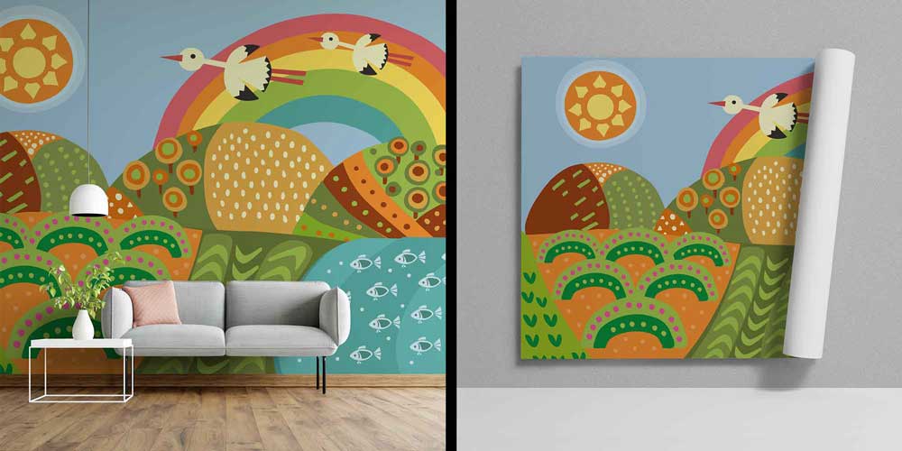 duvar-kagidi-4720-00 Gökkuşağı ve Kuşlar Temalı Renkli Doğa Duvar Kağıdı 4720