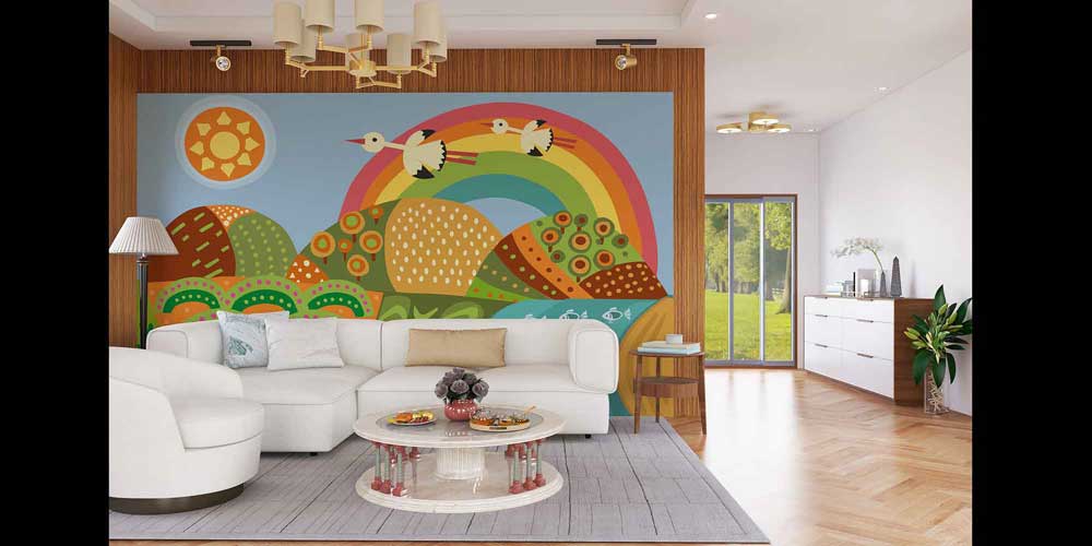 duvar-kagidi-4720-02 Gökkuşağı ve Kuşlar Temalı Renkli Doğa Duvar Kağıdı 4720