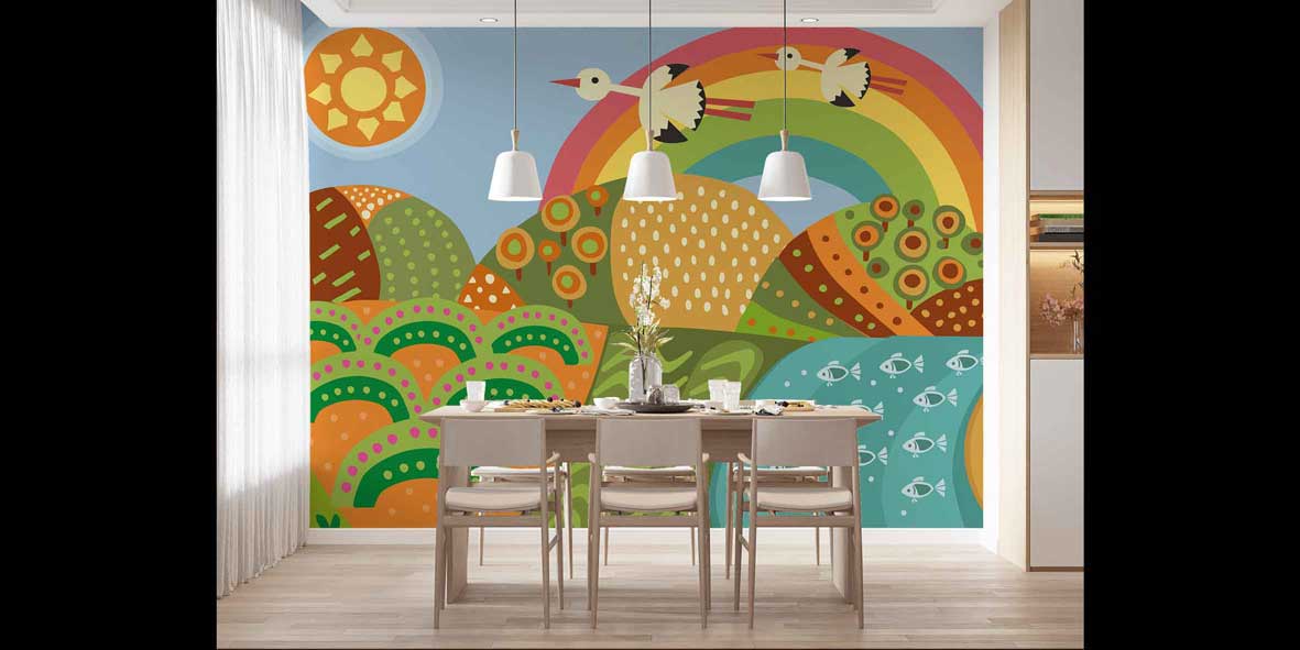 duvar-kagidi-4720-03 Gökkuşağı ve Kuşlar Temalı Renkli Doğa Duvar Kağıdı 4720