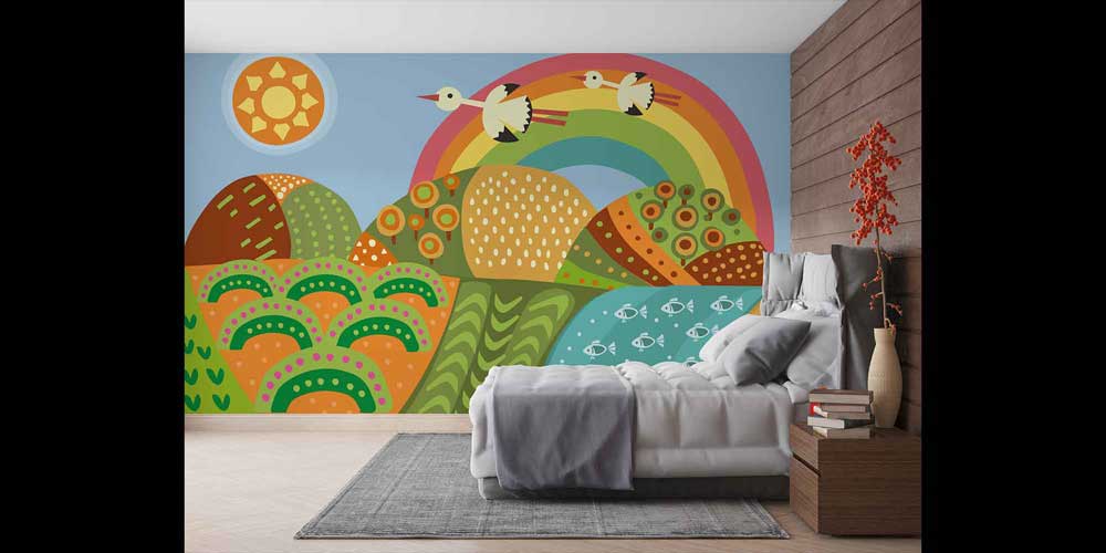 duvar-kagidi-4720-04 Gökkuşağı ve Kuşlar Temalı Renkli Doğa Duvar Kağıdı 4720