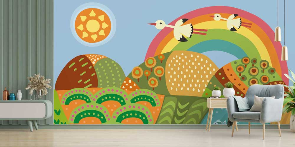 duvar-kagidi-4720-05 Gökkuşağı ve Kuşlar Temalı Renkli Doğa Duvar Kağıdı 4720