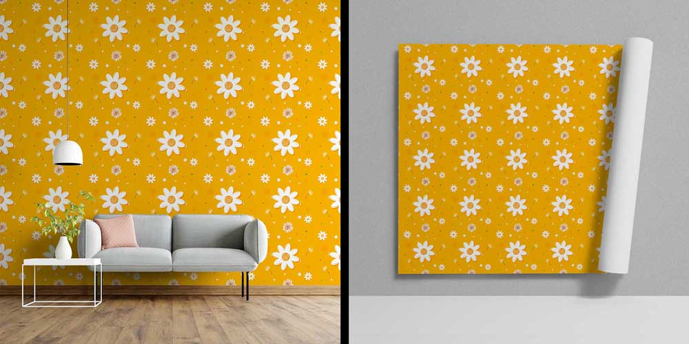 Sarı Zemin Üzerinde Papatya Desenli Dekoratif Duvar Kağıdı 4728