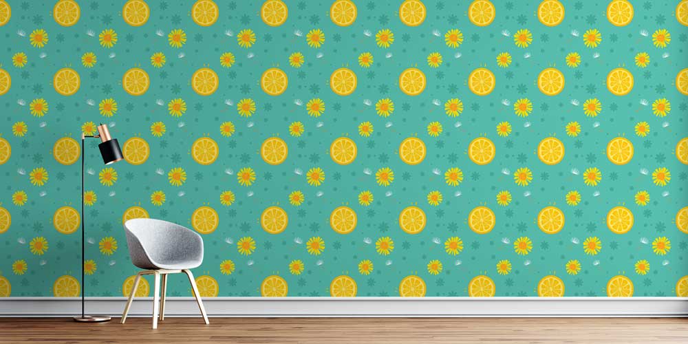 Portakal Dilimi ve Çiçek Desenli Renkli Duvar Kağıdı 4730