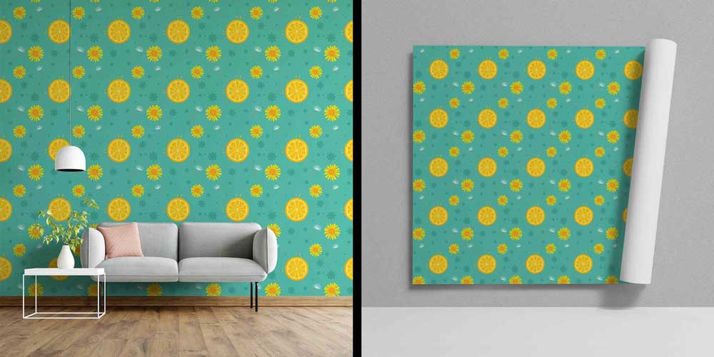 Portakal Dilimi ve Çiçek Desenli Renkli Duvar Kağıdı 4730