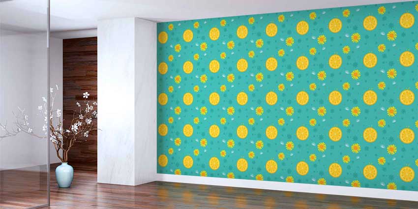 Portakal Dilimi ve Çiçek Desenli Renkli Duvar Kağıdı 4730