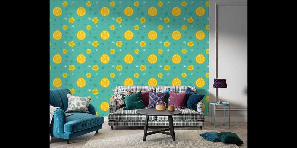 Portakal Dilimi ve Çiçek Desenli Renkli Duvar Kağıdı 4730