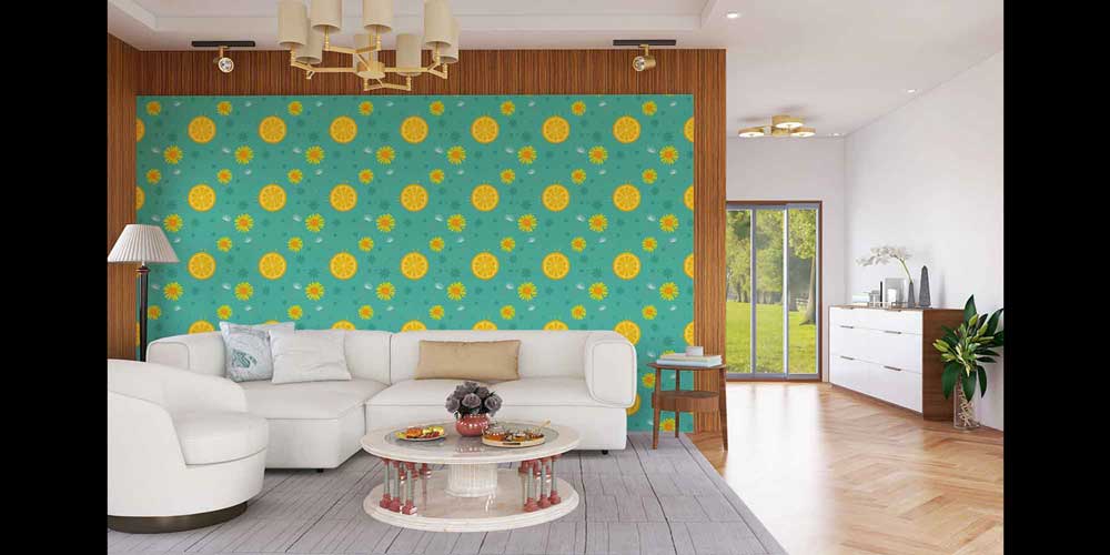 Portakal Dilimi ve Çiçek Desenli Renkli Duvar Kağıdı 4730