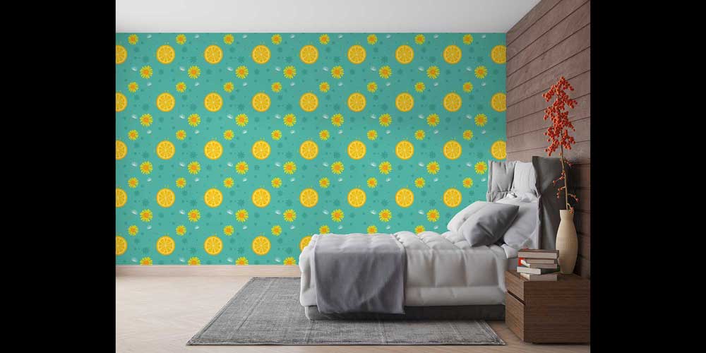 Portakal Dilimi ve Çiçek Desenli Renkli Duvar Kağıdı 4730