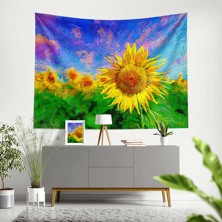 Renkli Ayçiçeği Tarlası Sanatsal Duvar Örtüsü Kumaş Baskı 4732