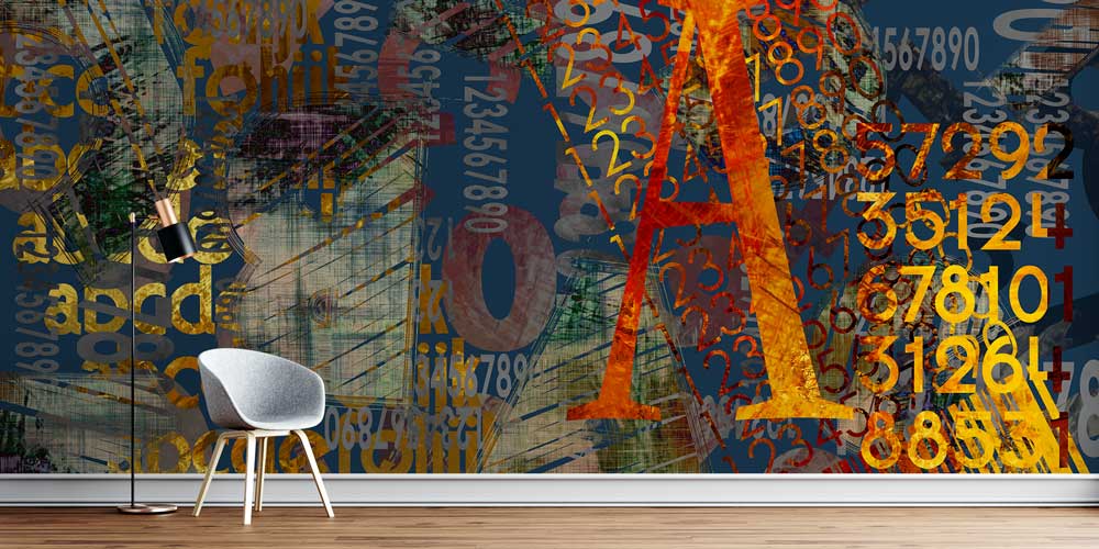 Tipografi ve Rakam Kolajlı Soyut Dijital Sanat Duvar Kağıdı 4840
