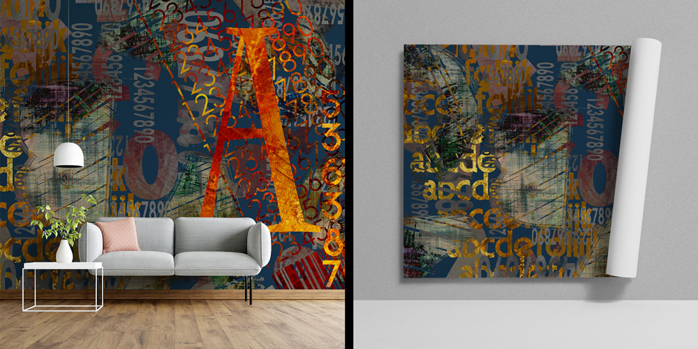 Tipografi ve Rakam Kolajlı Soyut Dijital Sanat Duvar Kağıdı 4840