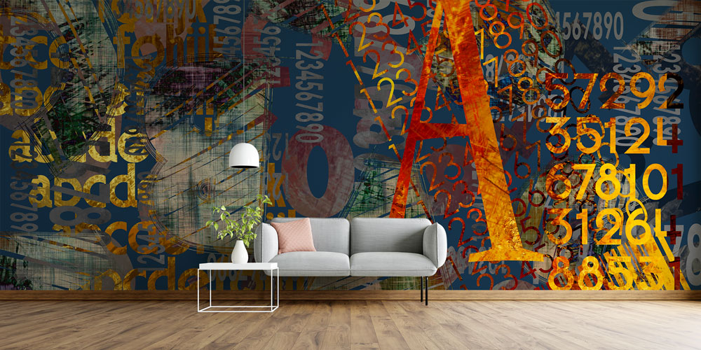 Tipografi ve Rakam Kolajlı Soyut Dijital Sanat Duvar Kağıdı 4840