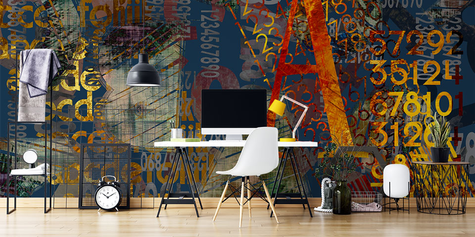 Tipografi ve Rakam Kolajlı Soyut Dijital Sanat Duvar Kağıdı 4840