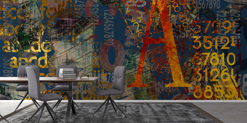Tipografi ve Rakam Kolajlı Soyut Dijital Sanat Duvar Kağıdı 4840