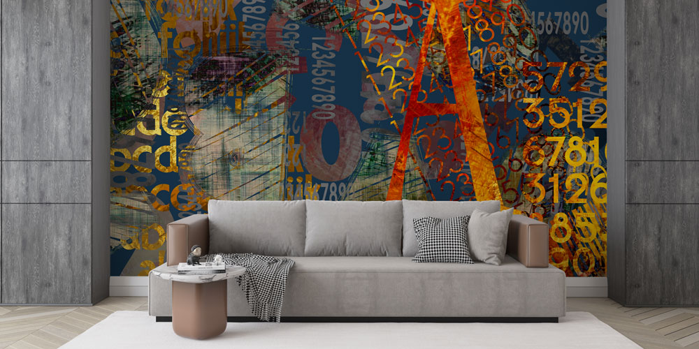 Tipografi ve Rakam Kolajlı Soyut Dijital Sanat Duvar Kağıdı 4840