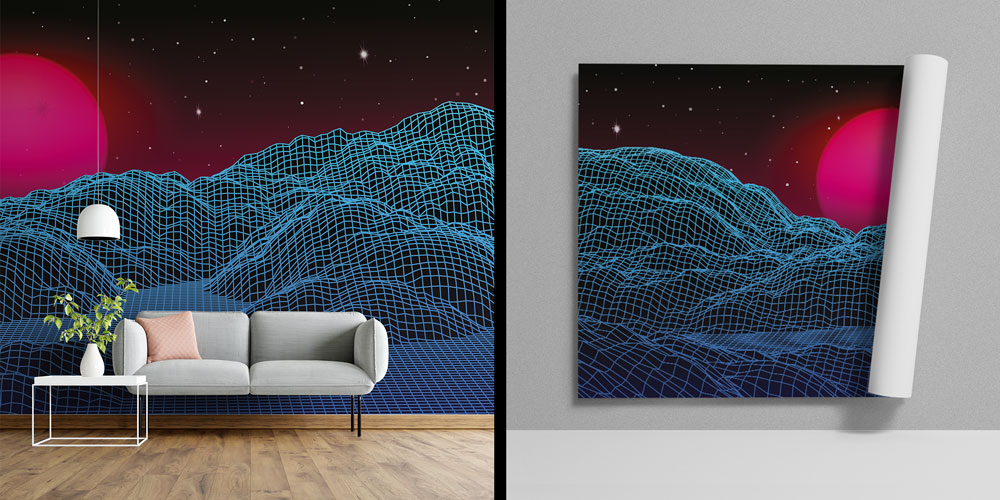 Retro Futuristik Tel Kafes Dağlar Dijital Sanat Duvar Kağıdı 4841