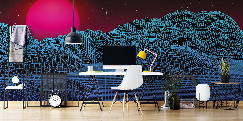 Retro Futuristik Tel Kafes Dağlar Dijital Sanat Duvar Kağıdı 4841