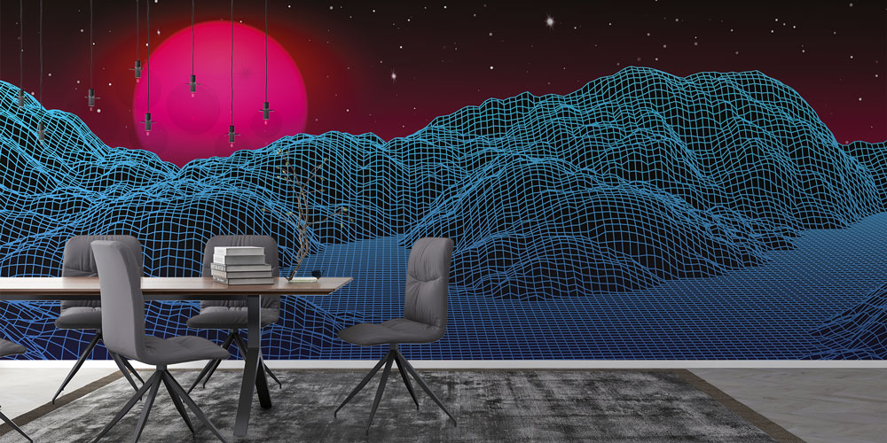 Retro Futuristik Tel Kafes Dağlar Dijital Sanat Duvar Kağıdı 4841