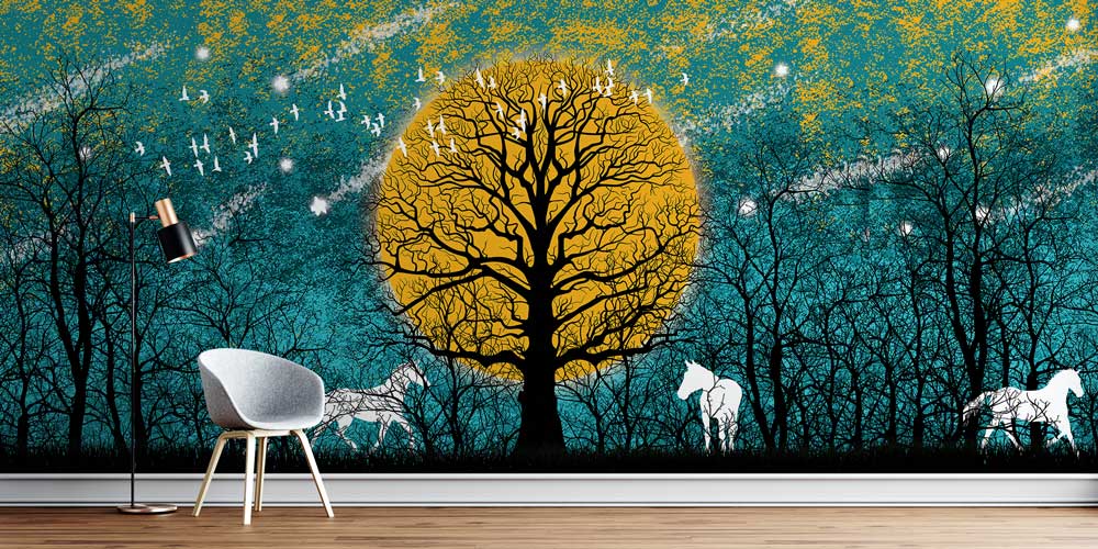 Altın Ay ve Ağaç Silüeti Doğa Temalı Dijital Sanat Duvar Kağıdı 4846