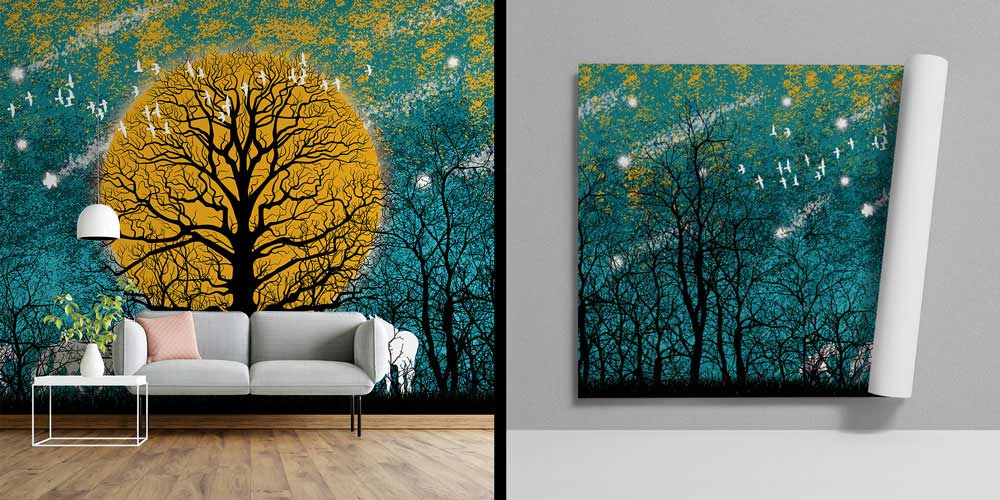 Altın Ay ve Ağaç Silüeti Doğa Temalı Dijital Sanat Duvar Kağıdı 4846