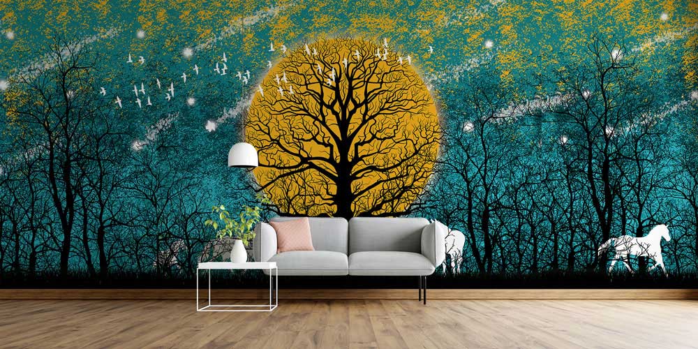Altın Ay ve Ağaç Silüeti Doğa Temalı Dijital Sanat Duvar Kağıdı 4846