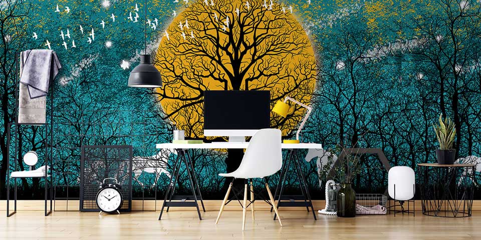Altın Ay ve Ağaç Silüeti Doğa Temalı Dijital Sanat Duvar Kağıdı 4846