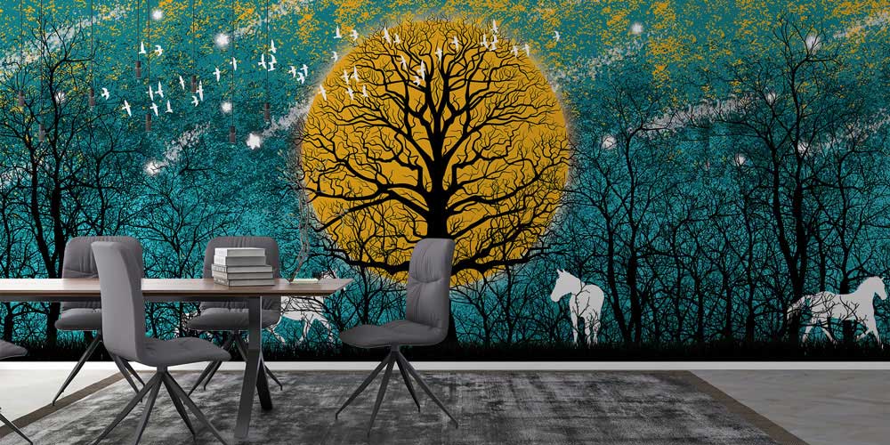 Altın Ay ve Ağaç Silüeti Doğa Temalı Dijital Sanat Duvar Kağıdı 4846