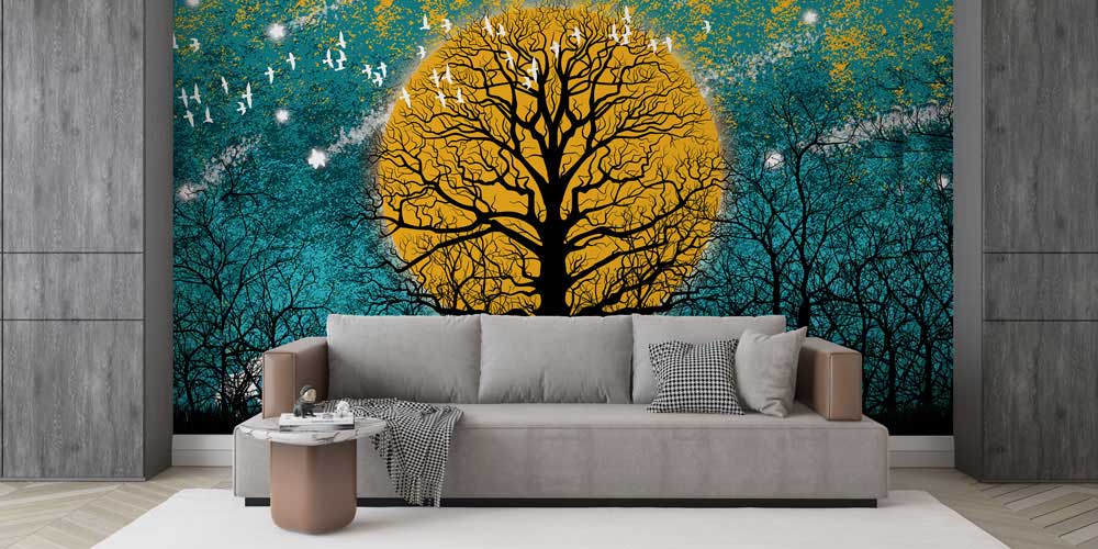 Altın Ay ve Ağaç Silüeti Doğa Temalı Dijital Sanat Duvar Kağıdı 4846