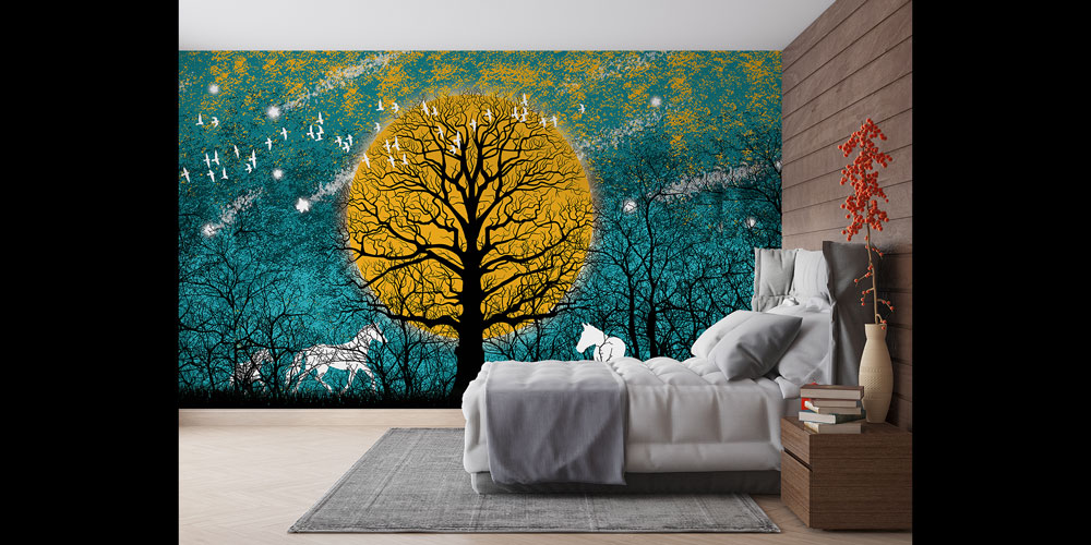 Altın Ay ve Ağaç Silüeti Doğa Temalı Dijital Sanat Duvar Kağıdı 4846