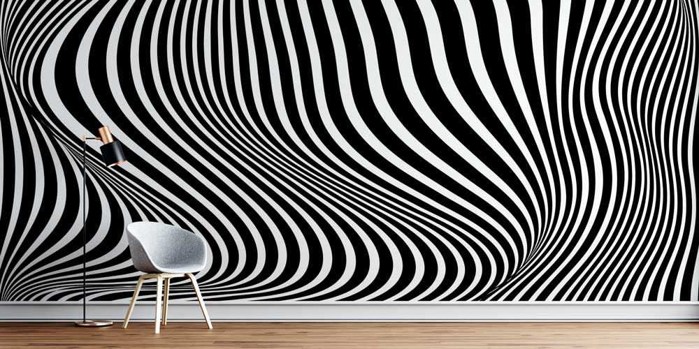 Siyah Beyaz Dalgalı Çizgiler Op Art Soyut Duvar Kağıdı 4851