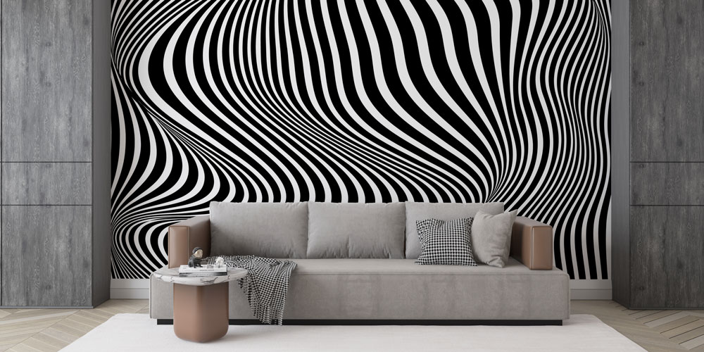 Siyah Beyaz Dalgalı Çizgiler Op Art Soyut Duvar Kağıdı 4851