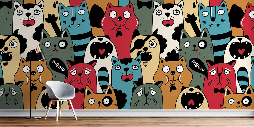 Renkli Kedi Köpek Desenli Duvar Kağıdı 4942