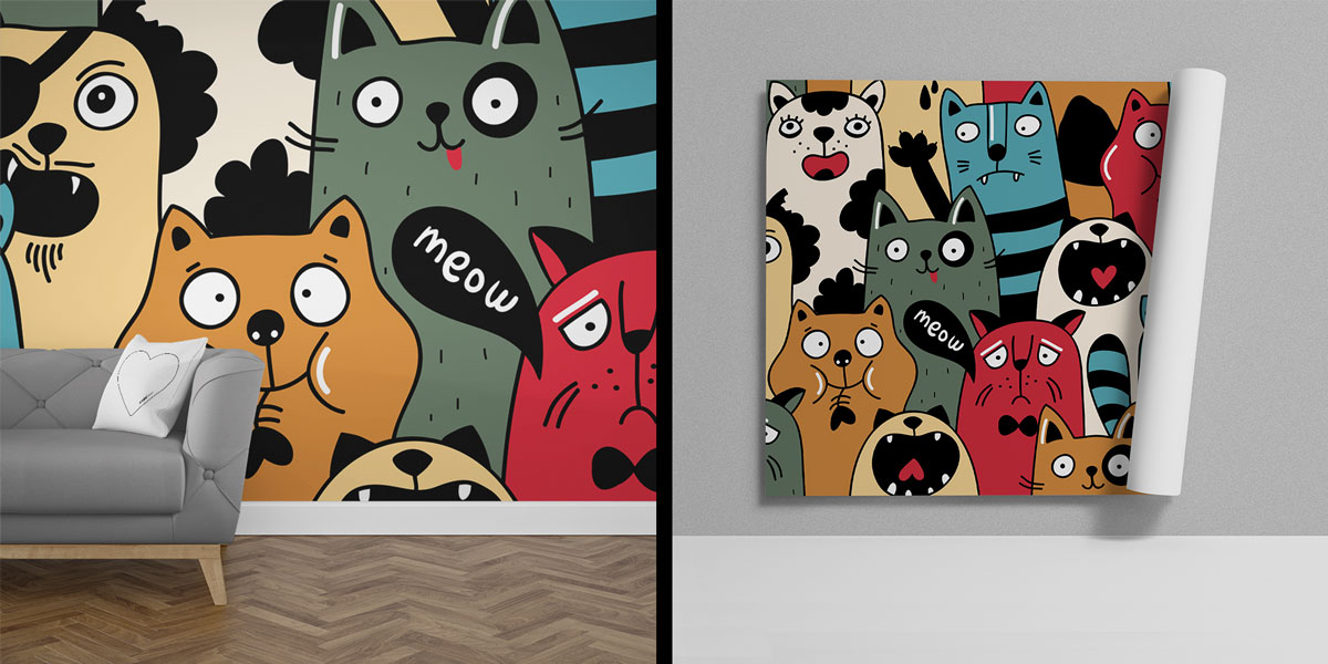 Renkli Kedi Köpek Desenli Duvar Kağıdı 4942