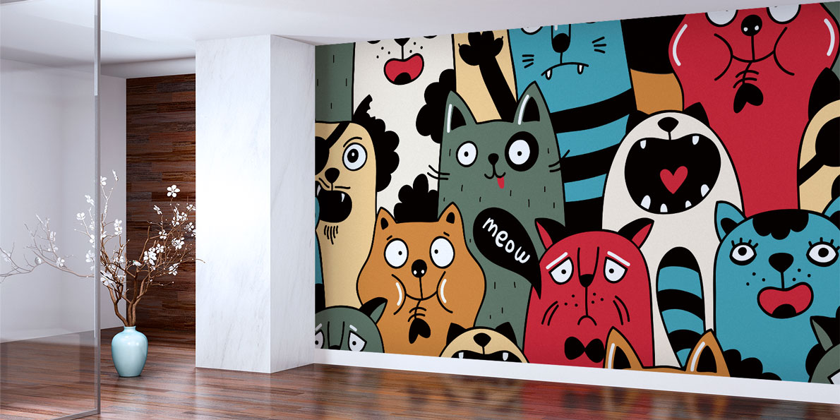 Renkli Kedi Köpek Desenli Duvar Kağıdı 4942