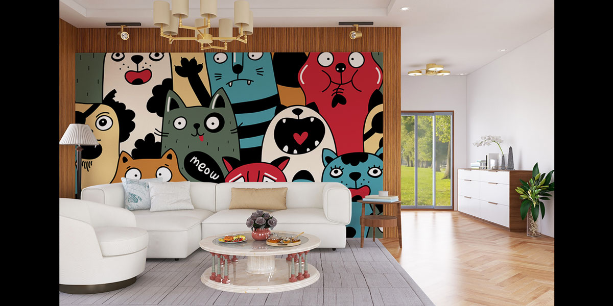 Renkli Kedi Köpek Desenli Duvar Kağıdı 4942