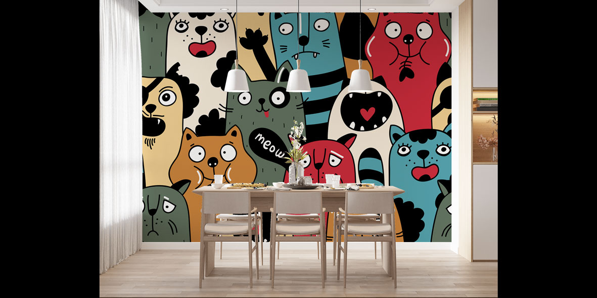 Renkli Kedi Köpek Desenli Duvar Kağıdı 4942