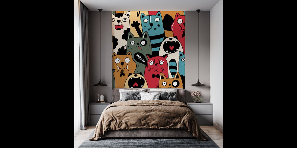 Renkli Kedi Köpek Desenli Duvar Kağıdı 4942